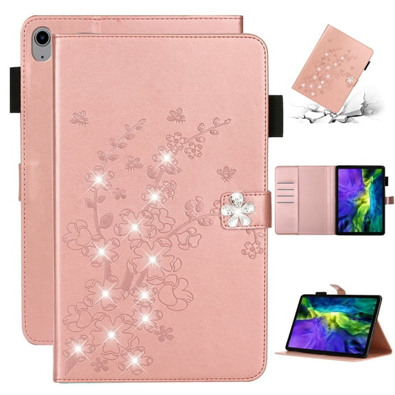 SaniMore Wallet Case for iPad 10th Generation 10.9" 2022 with Card Slots Pencil Holder Magnetic Clsap Kickstand Full Protective PU Leather Glitter Embossed Cover for iPad 10th Gen, Rosegold