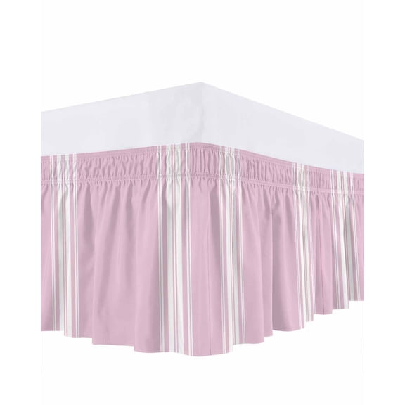 Farmhouse Pink Bed Skirt Queen Size 18 Inch Drop, White Stripe Wrap Around Dust Ruffle Bedskirts, Wrinkle & Fade Resistant Easy Fit Bedskirt with Adjustable Elastic
