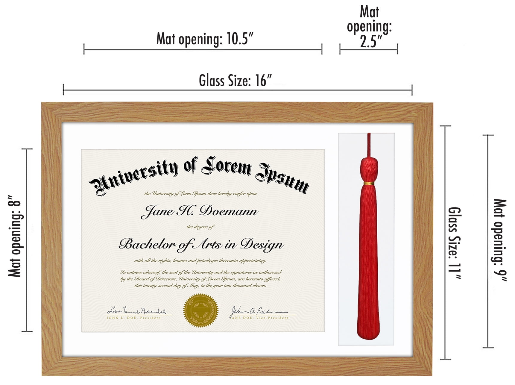 Americanflat 11x16 Oak Graduation Frame 2 Opening Mat Displays 8.5"x11" Diploma or Certificate and Tassel. Tempered Shatter-Resistant Glass. 2X Sawtooth Hangers.
