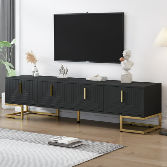 Aukfa Modern TV Stand for TVs up to 80'' with Metal Handles & Cabinet for Living Room, Black