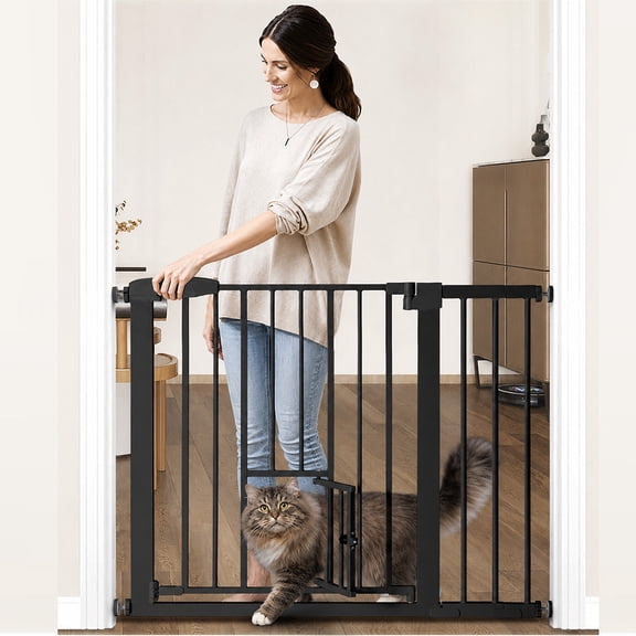 Pet Safety Gate, 29.5''-40.5''Wide Pet Safety Gate with Cat Door, Black