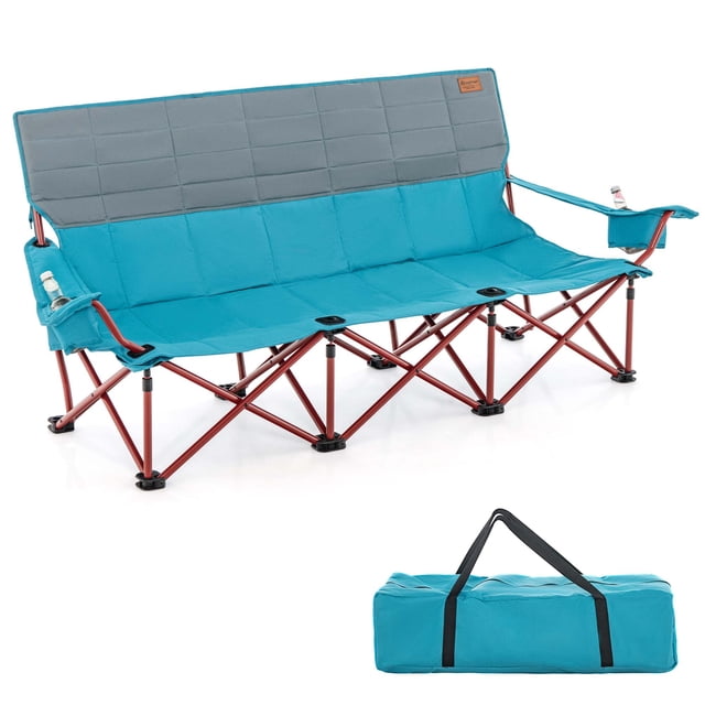 Costway Silla De Camping Plegable Para 3 Personas, De Gran Tamaño Con Reposabrazos Ajustable, 2 Portavasos, Acolchado De Algodón, Portátil Con Bolsa De Transporte Para Viajes Y Camping