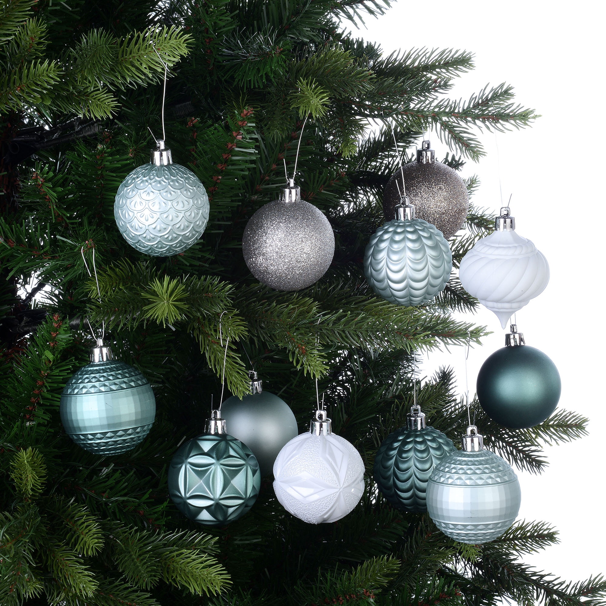 Holiday Time 40 Count Shatterproof Ornaments- Green, Silver & White