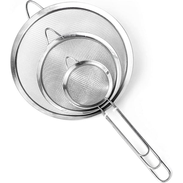 Juego de 3 coladores de malla fina, colador de malla de cocina con asa, colador de harina de acero inoxidable, para escurrir fideos en polvo, pastelería, arroz, verduras, clara de huevo, 7 cm, 12 cm y 18 cm ER