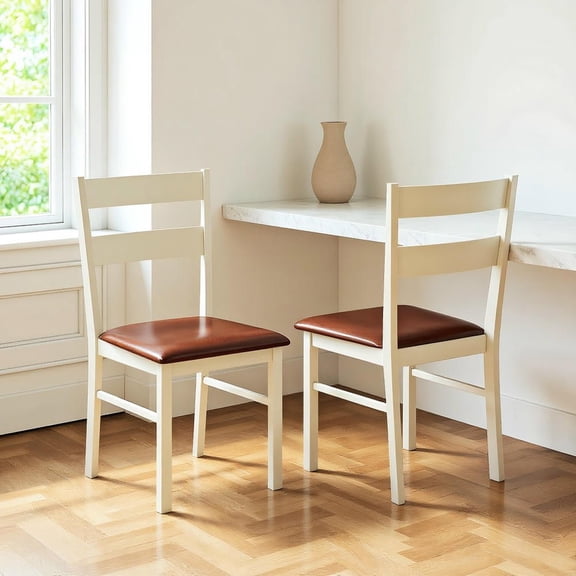 Resenkos Set of 2 Armless Kitchen Chairs with PU Leather Upholstery on Wood Frame, White and Brown