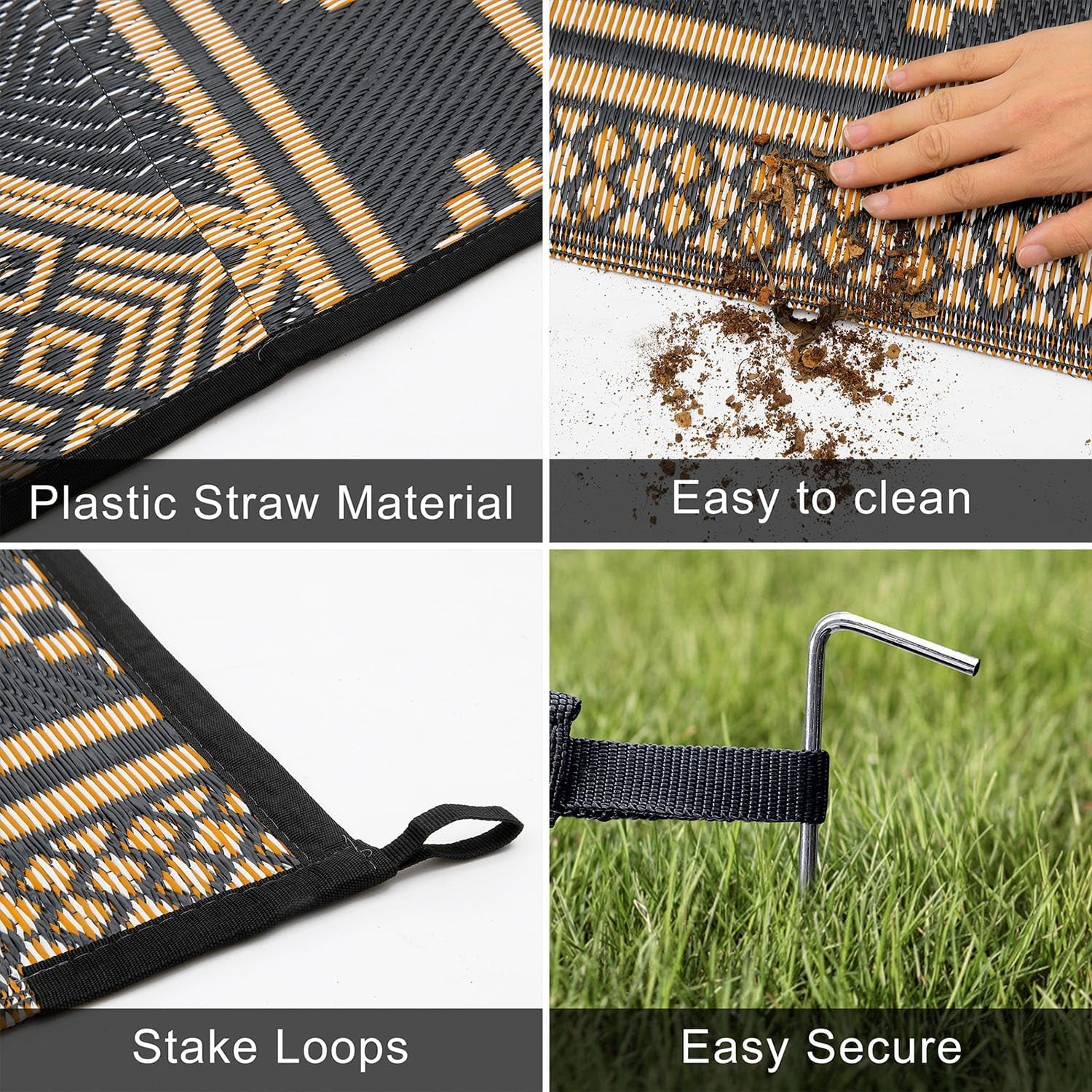 6'x9' Outdoor Rugs, Yamaziot Waterproof Plastic Patio Rug, Reversible Outdoor Mats for RV Camping Picnic Garden Backyard Balcony Porch Beach, Black