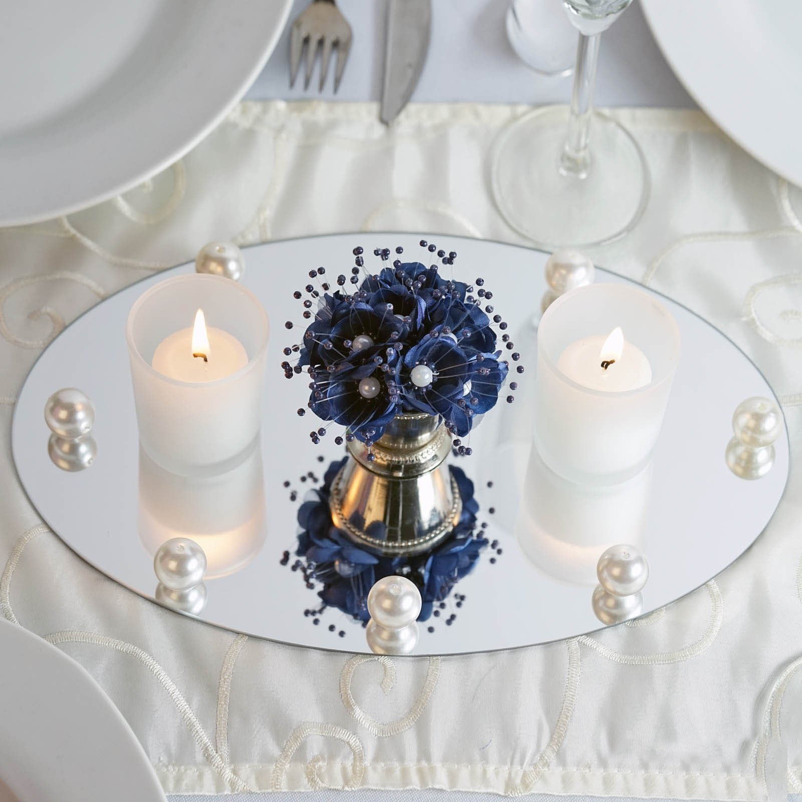 Glass Mirror Plates Table Decoration Centrepiece Base Sparkle Bead Edged Wedding 