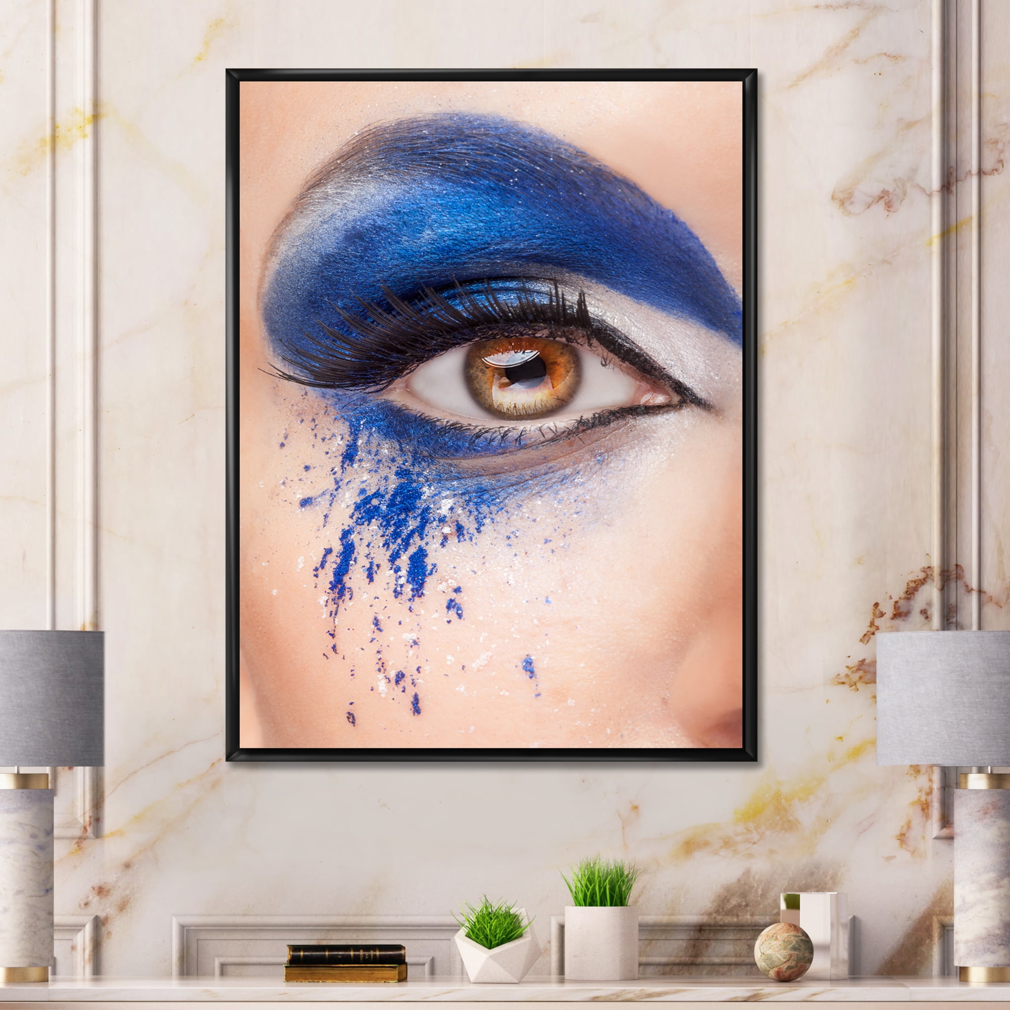 Designart 'Close Up Of Brown Eye With Blue Fantasy Make Up' Modern Framed Canvas Wall Art Print