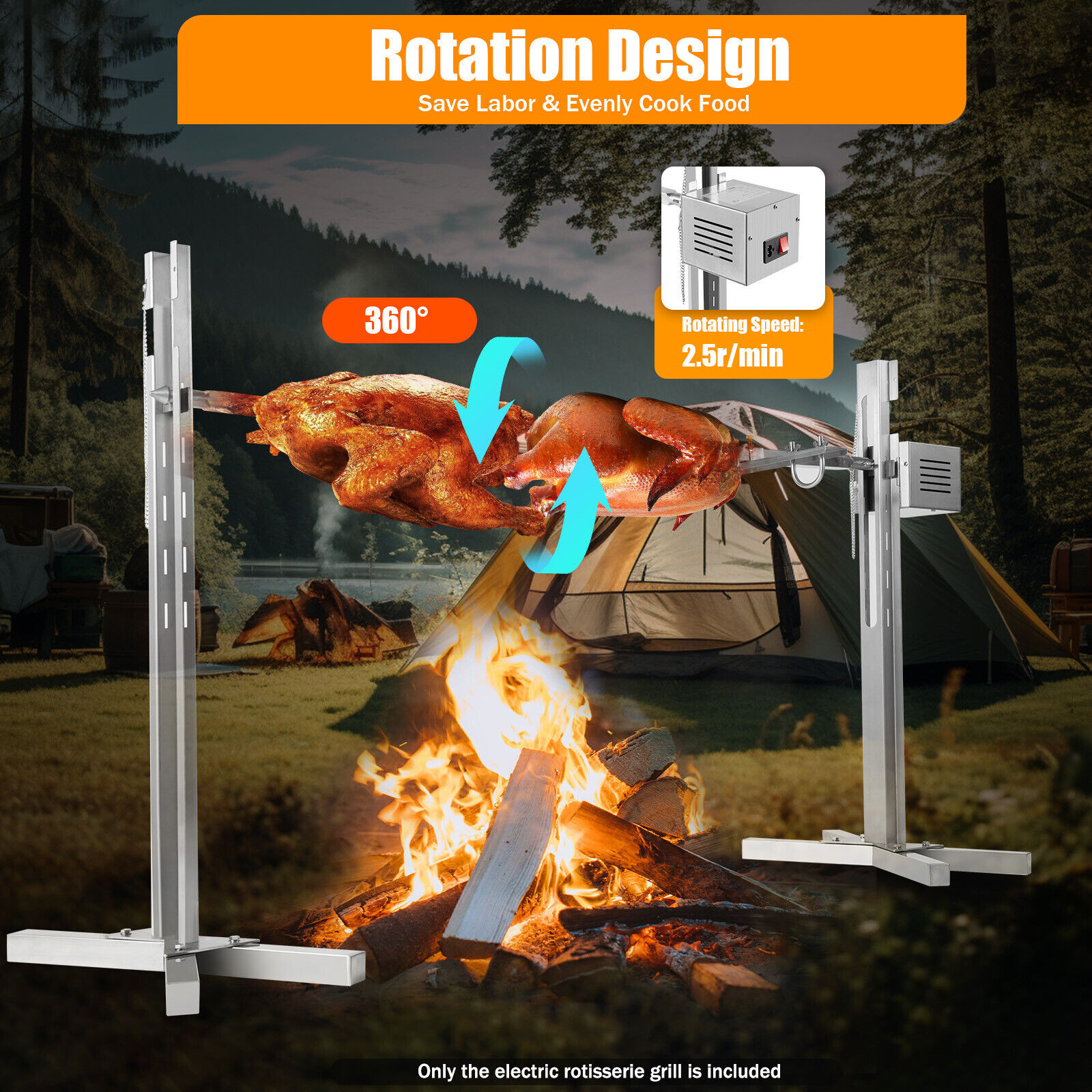 25W Stainless Steel BBQ Spit Roaster Camping Rotisserie Lamb Grill Rotisserie Grill Outside