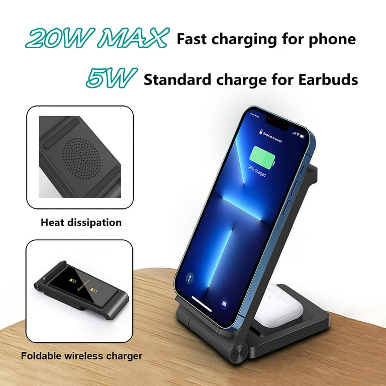 25W Wireless Charger,Foldable 2 in 1 Wireless Charging Station for Apple  iPhone 14/14 Plus/13/12/11/Pro/SE/X/8/Airpods, 15W Fast Dual Wireless  Induction Charge Stand for Samsung/Buds/LG/Sony 