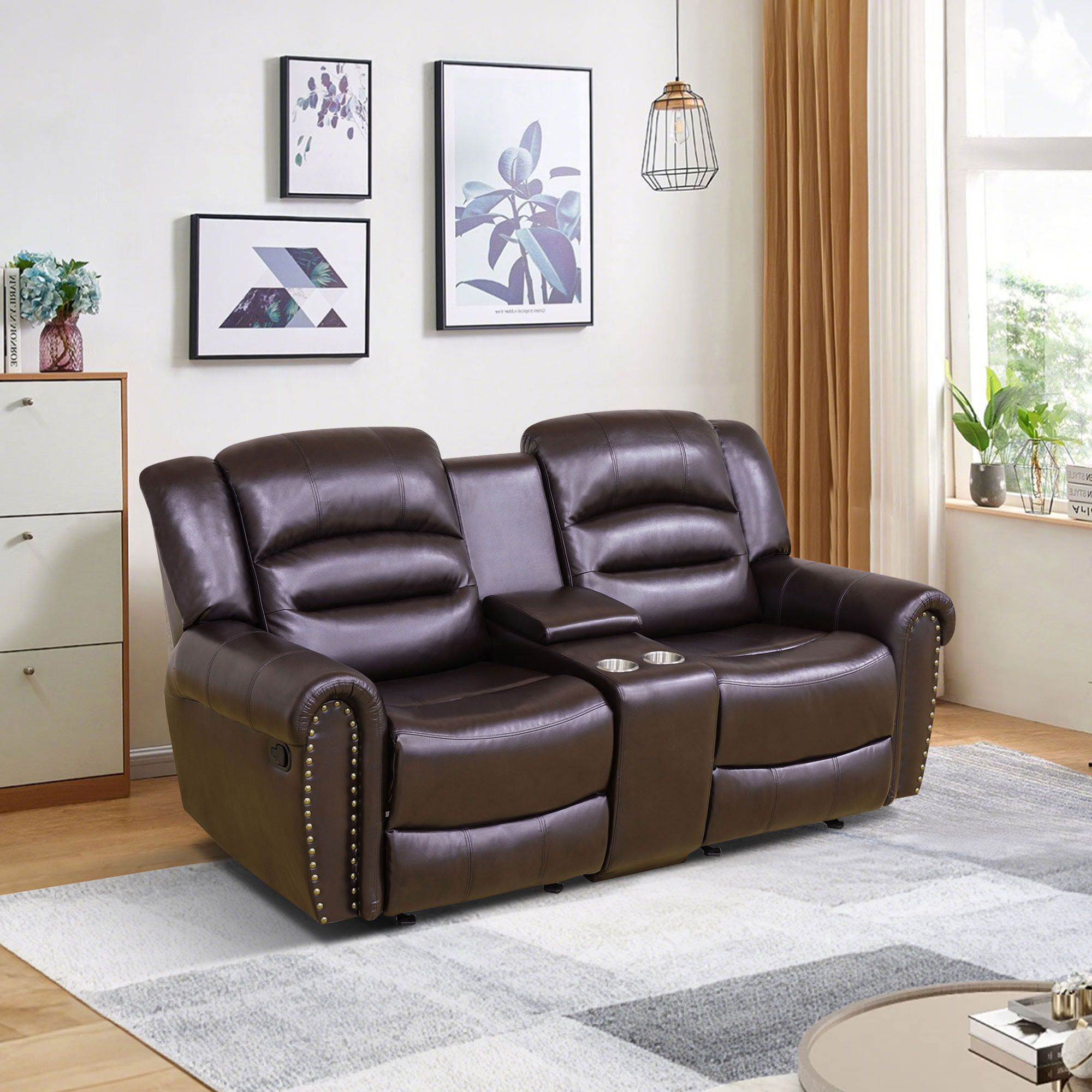 MAYEERTY 2-Seater Recliner Loveseat, Breathable Leather Sofa with Storage for Apartment Living