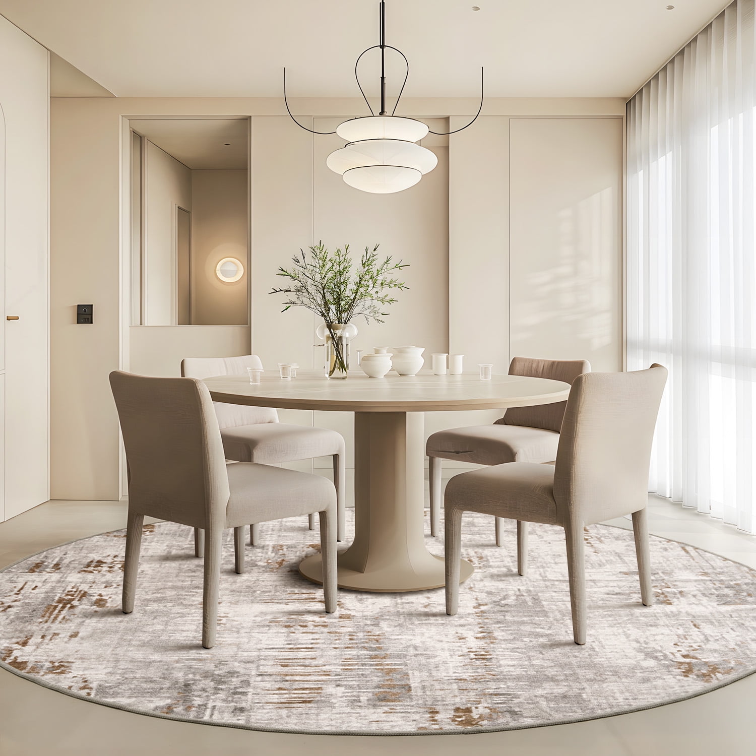 SIXHOME Modern Abstract Round Rugs for Living Room Washable Rugs 5Ft Circle Soft Neutral Carpet Rug for Bedroom Dining Room Office Aesthetic Home Decor Brown