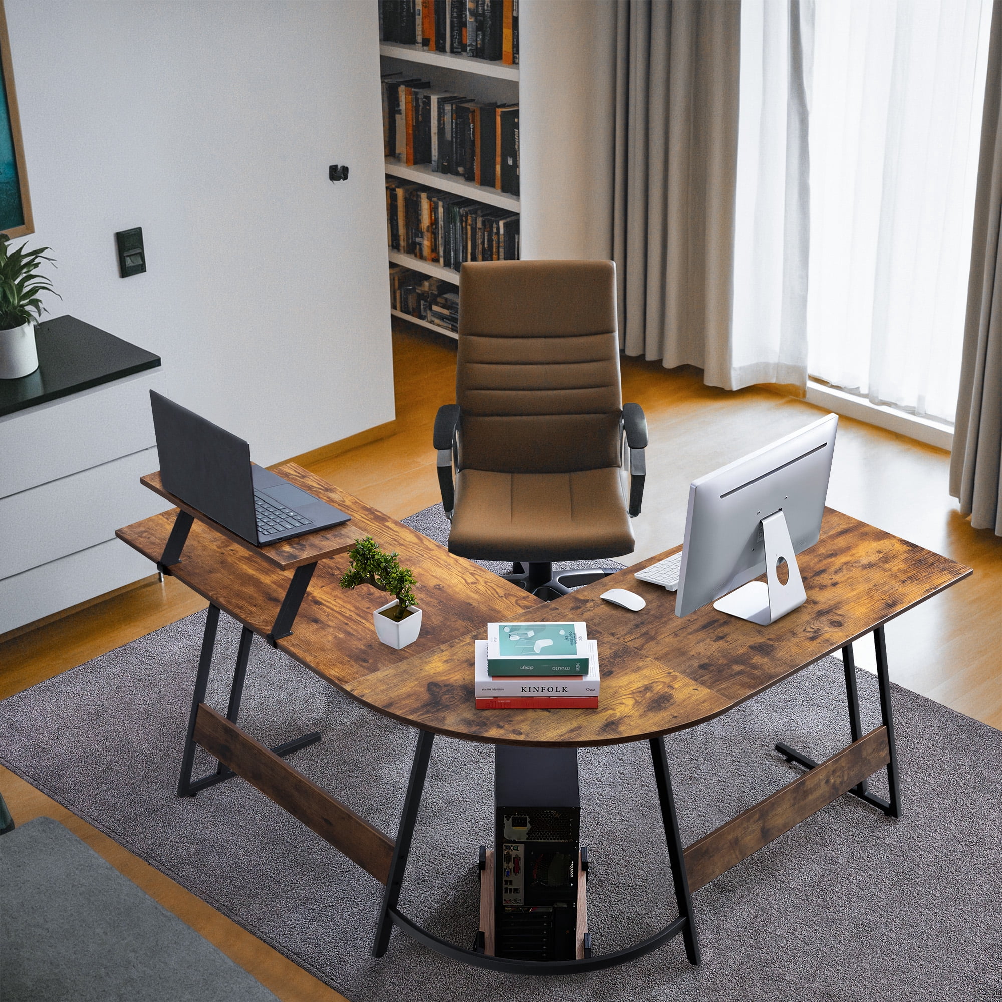 Vineego L-Shaped Computer Desk Modern Corner Desk with Small Table,Rustic Brown
