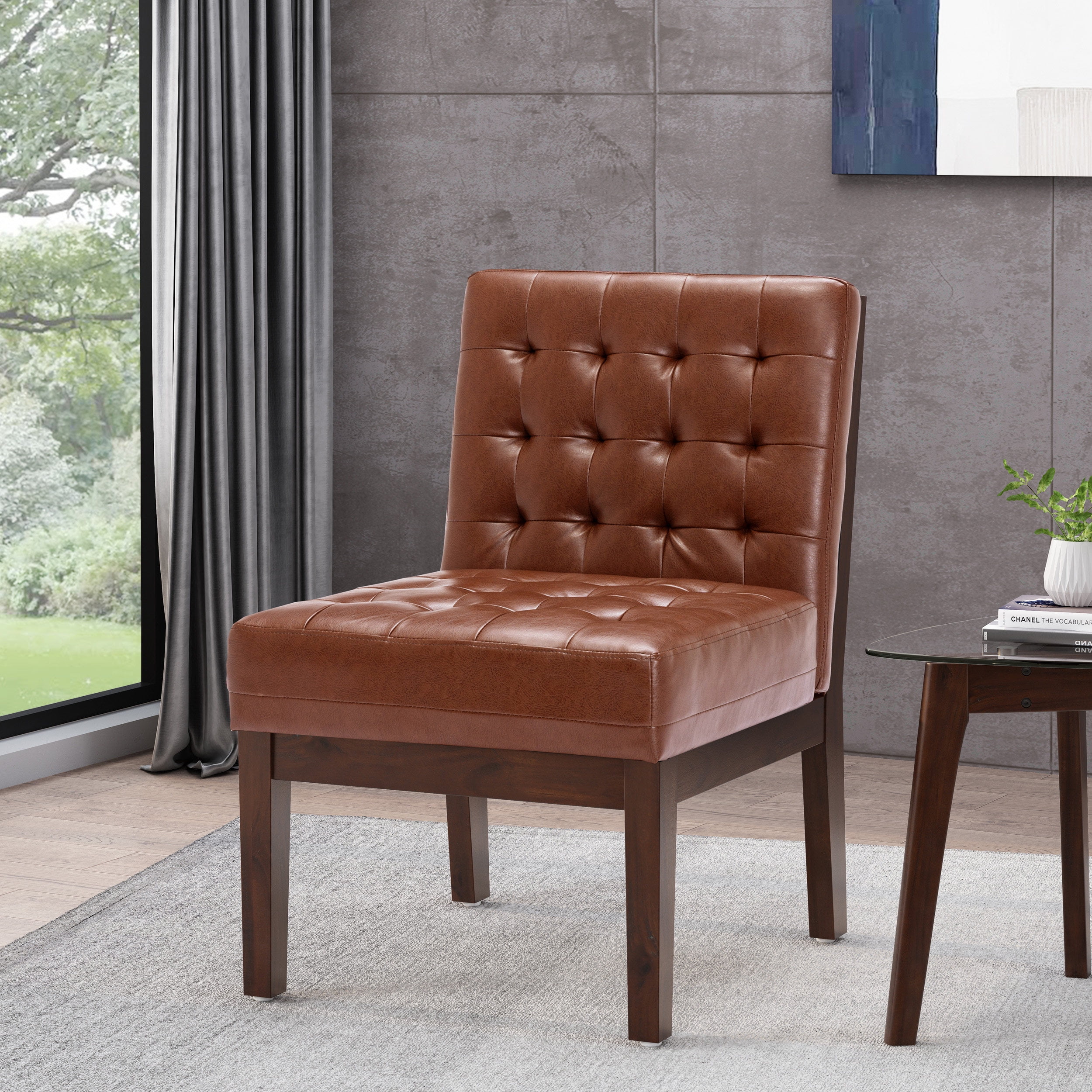Noble House Voll Tufted Faux Leather Accent Chair in Cognac Brown with Rubberwood Espresso Legs