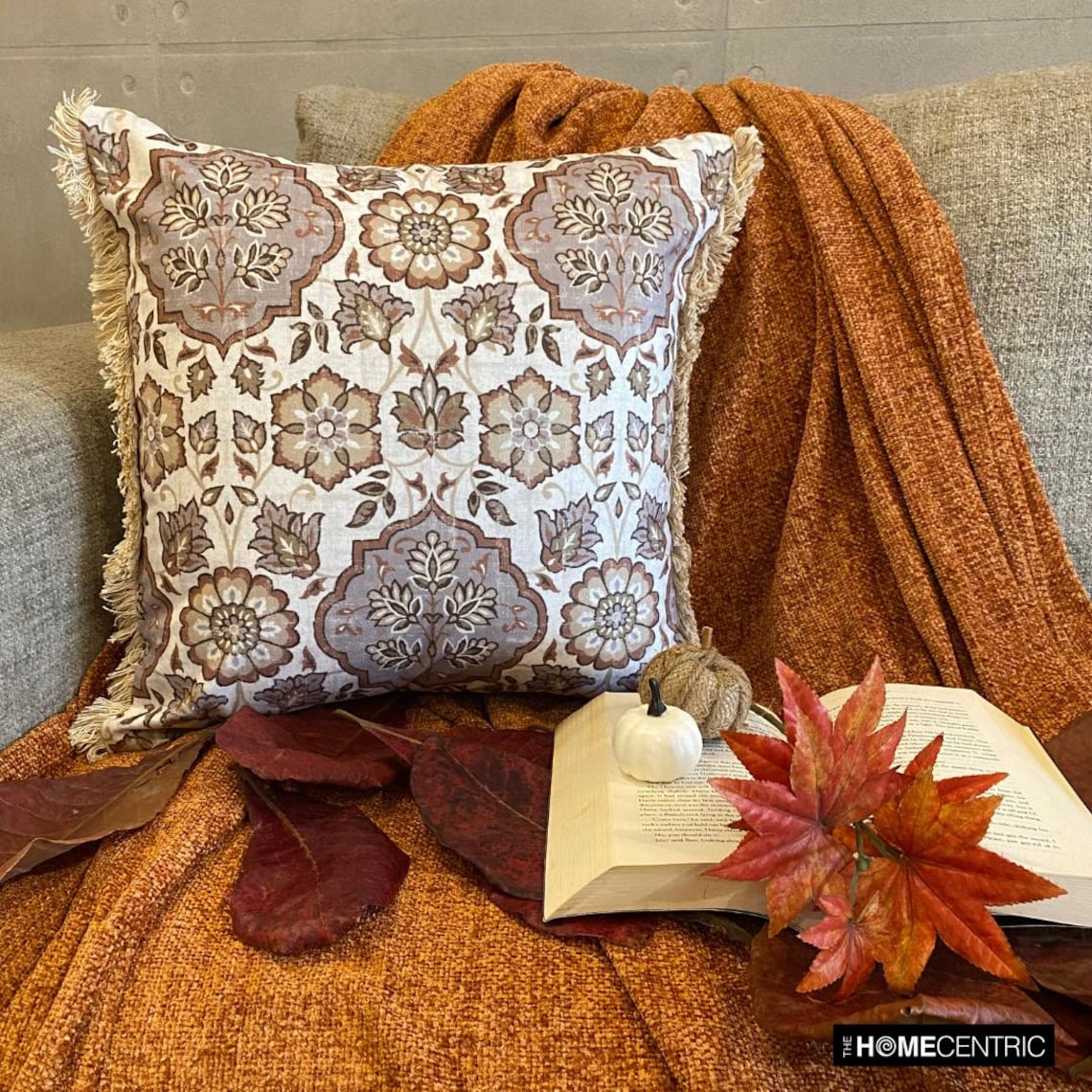Fall Decorative Throw Pillow cover Beige & Gray 22"x22" (55x55 cm) Velvet Art Deco, Autumn Decor, Fall Decor, Printed, Lace Pillow cover, Floral Modern Style - Autumn Serenade