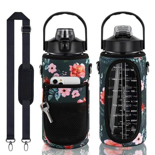 64 oz Insulated Sports Water Bottle Cup Water Flask with Straw Spout Handle Lid Wide Mouth Travel Thermal Mug Black