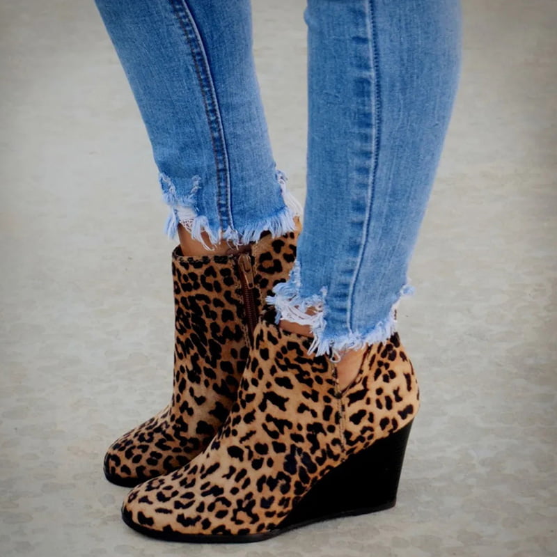 Anself - Women Boots Faux PU Leather Solid Leopard Print Wedge Heel ...