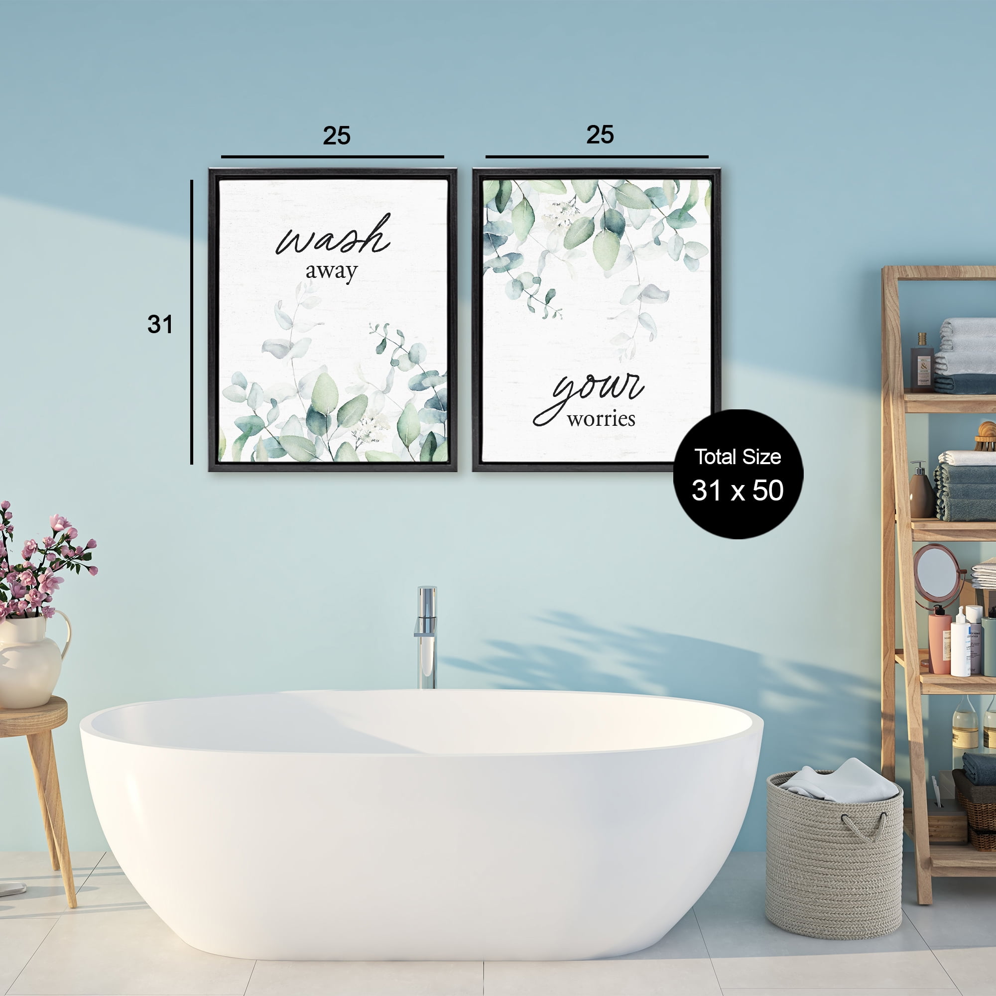 Wash Away Your Worries Leaves 2 Piece Black Framed Floater Canvas Set, design by Lettered and Lined
