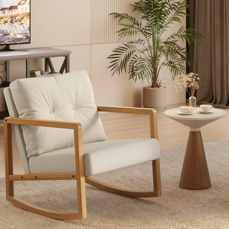 Lofka Rocking Chair, Newest Accent Chair with Thick Cushion for Living Room Furniture, Beige Upholstered