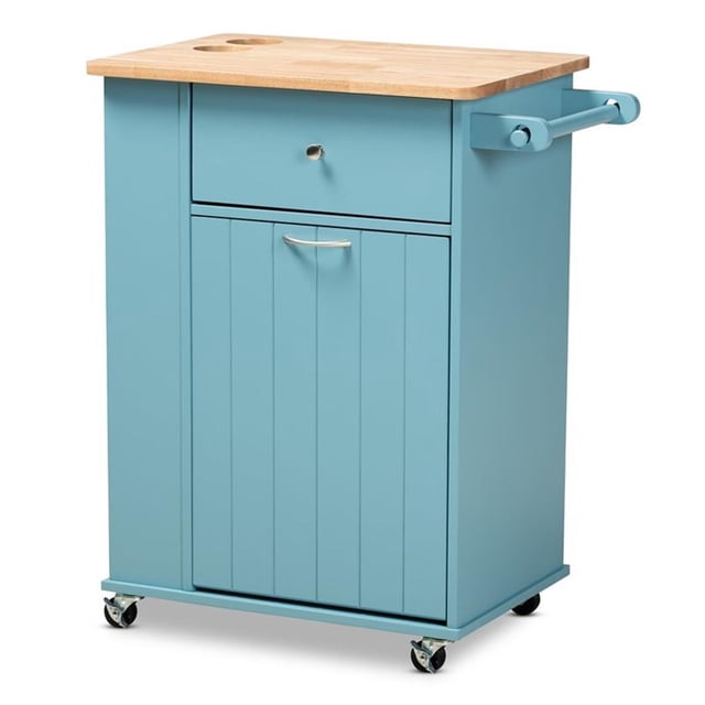 Baxton Studio Liona Chariot de Rangement de Cuisine en Bois Fini Bleu Ciel