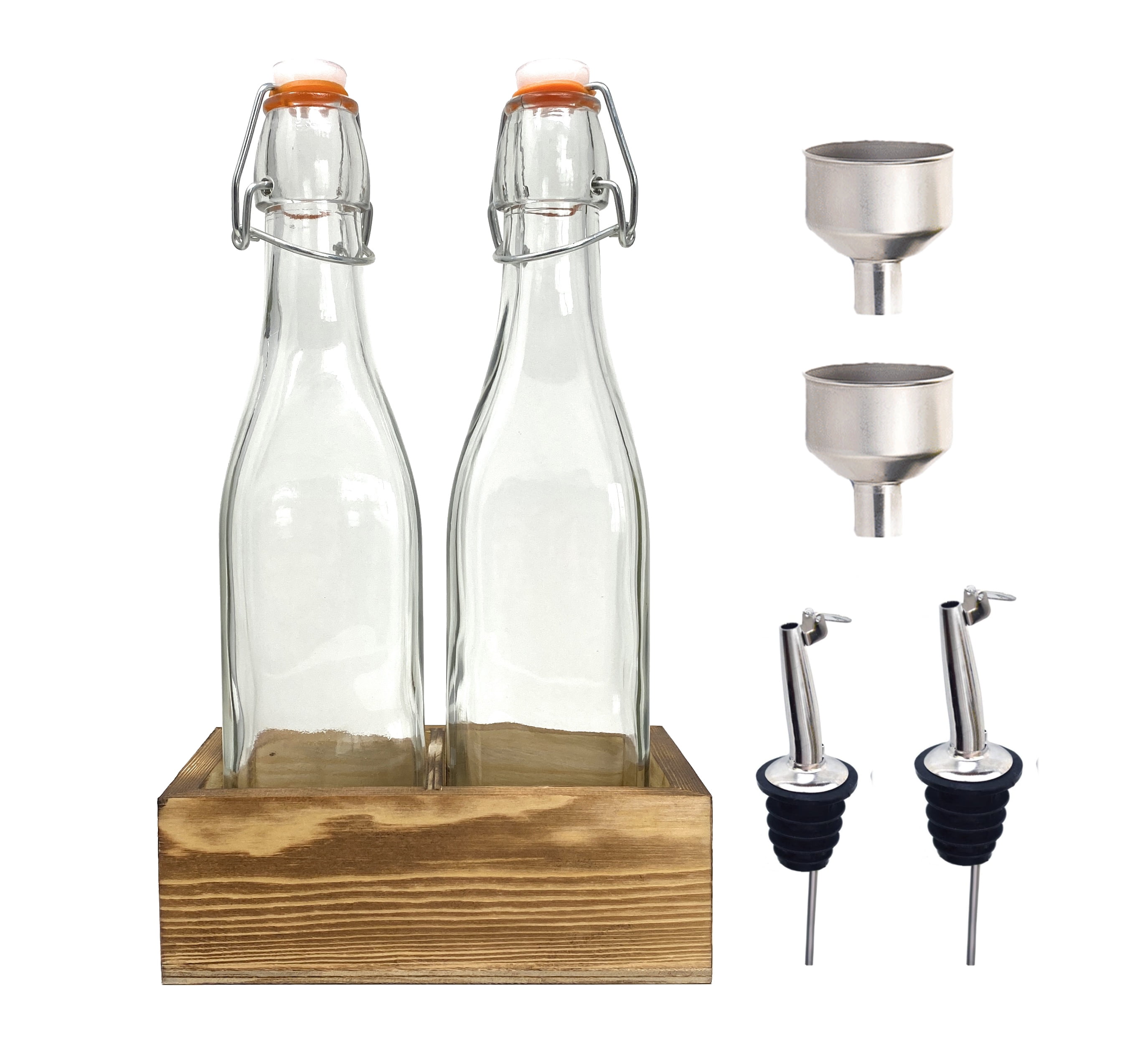 CB Accessories Flip Top Clear Glass Bottle with Wood Tray, Funnel and Pourer  (Set of 2) 