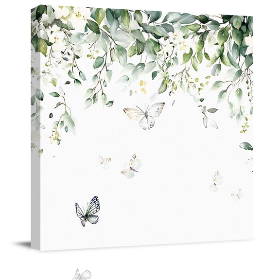Wall Art Prints, Eucalyptus Framed Canvas Prints for Bedroom Living Room Bathroom Office, Butterfly Sage Green Leaf Farmhouse Plant Gallery Wrap Wall Art Poster for Gifts Home Decor 12"x12"