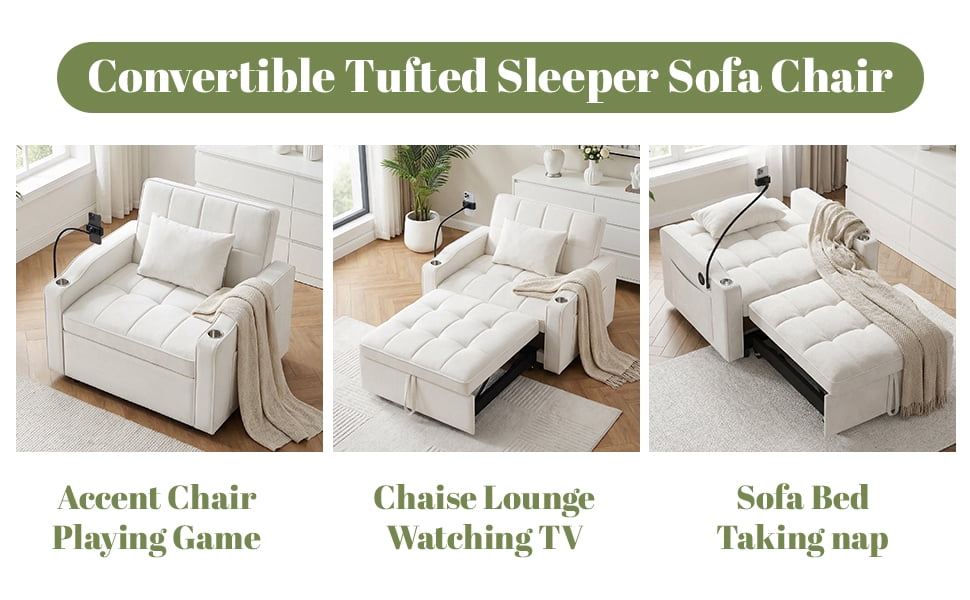 Gewnee 37.2''Convertible Sofa Bed with USB and Phone Holder,2 Cup Holders and 3 Adjustable Backrest,Suitable for Living Room,Apartment and Office.Beige