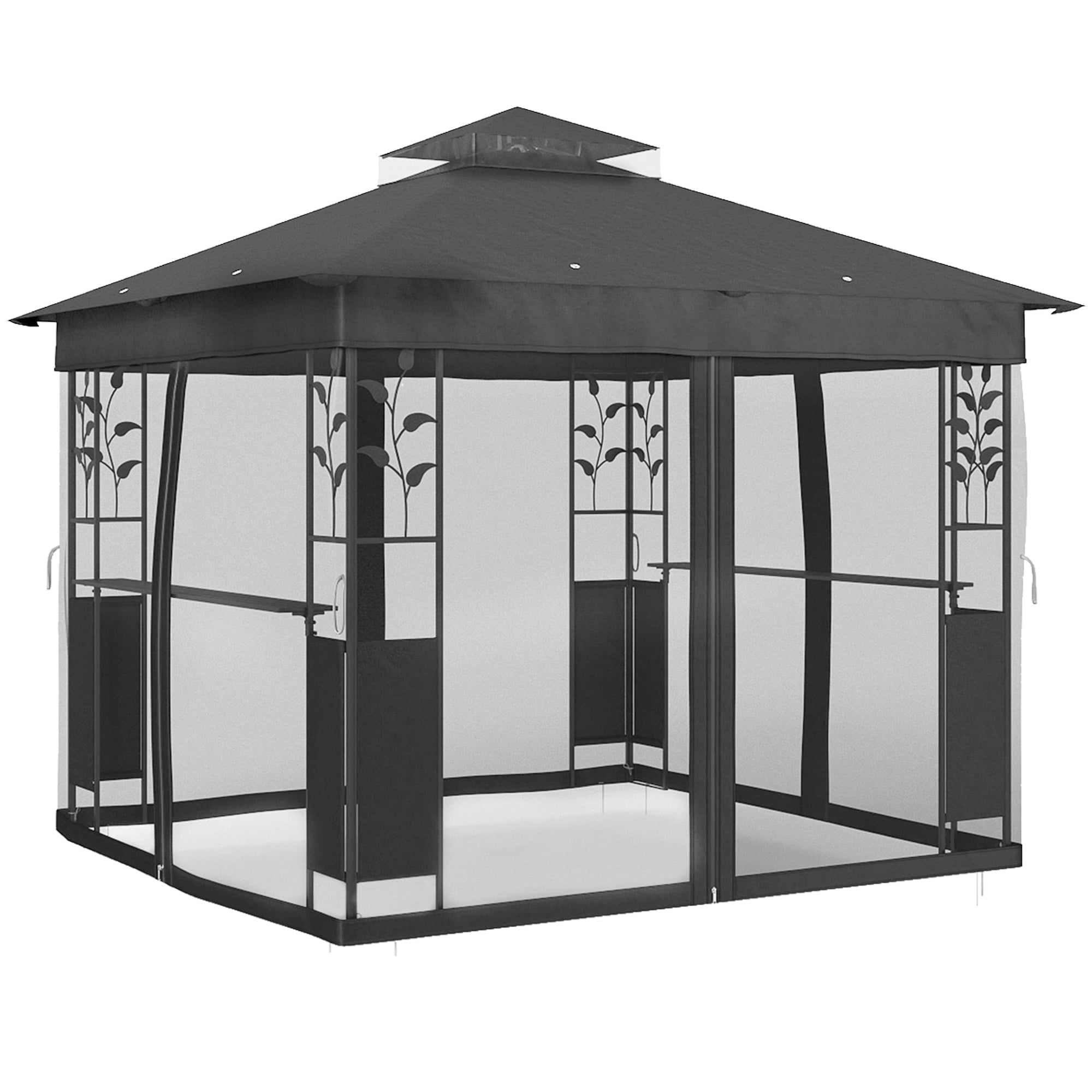 Outsunny 10' x 10' Outdoor Gazebo with Shelves and Netting, Double Roof Patio Gazebo Canopy Shelter, UV30+ Protected