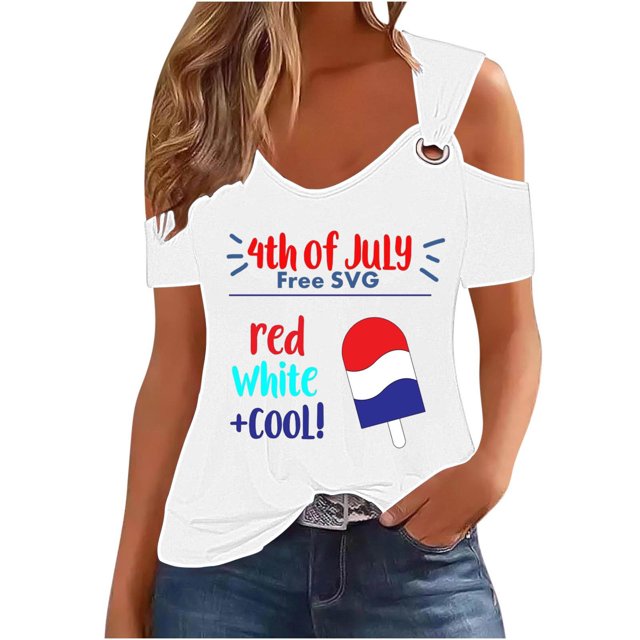 Tops de Hombro Frío para las Mujeres Día de la Independencia Impreso Fuera Del Hombro Blusa con Cuello en V, Fuera Del Hombro de las Mujeres