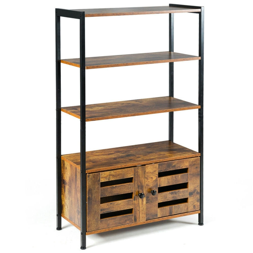 Demi Bonn 3-Tier Bookshelf with 2 Shutter Doors Storage Cabinet, Free Standingdustrial Bookcase, Brown