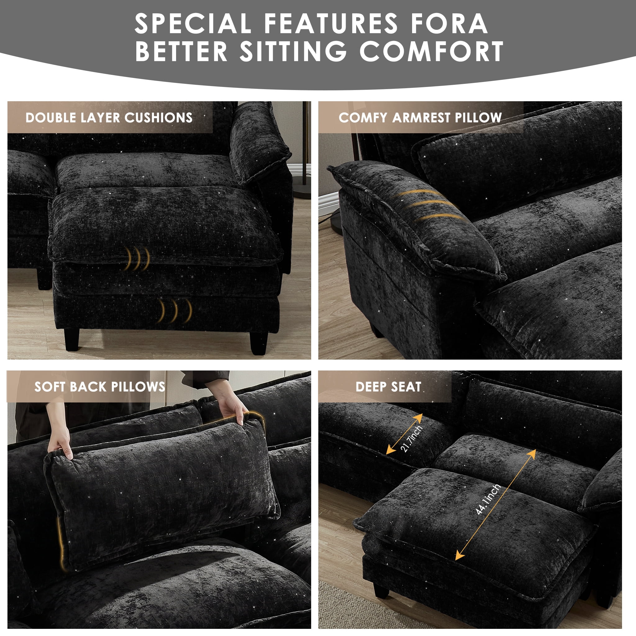 AISWORD U Shaped Cloud Couch Sectional, Oversized Modular Sofa with USB Charging, Hidden Storage, Cup Holders & Double Chaise for Living Room, Black