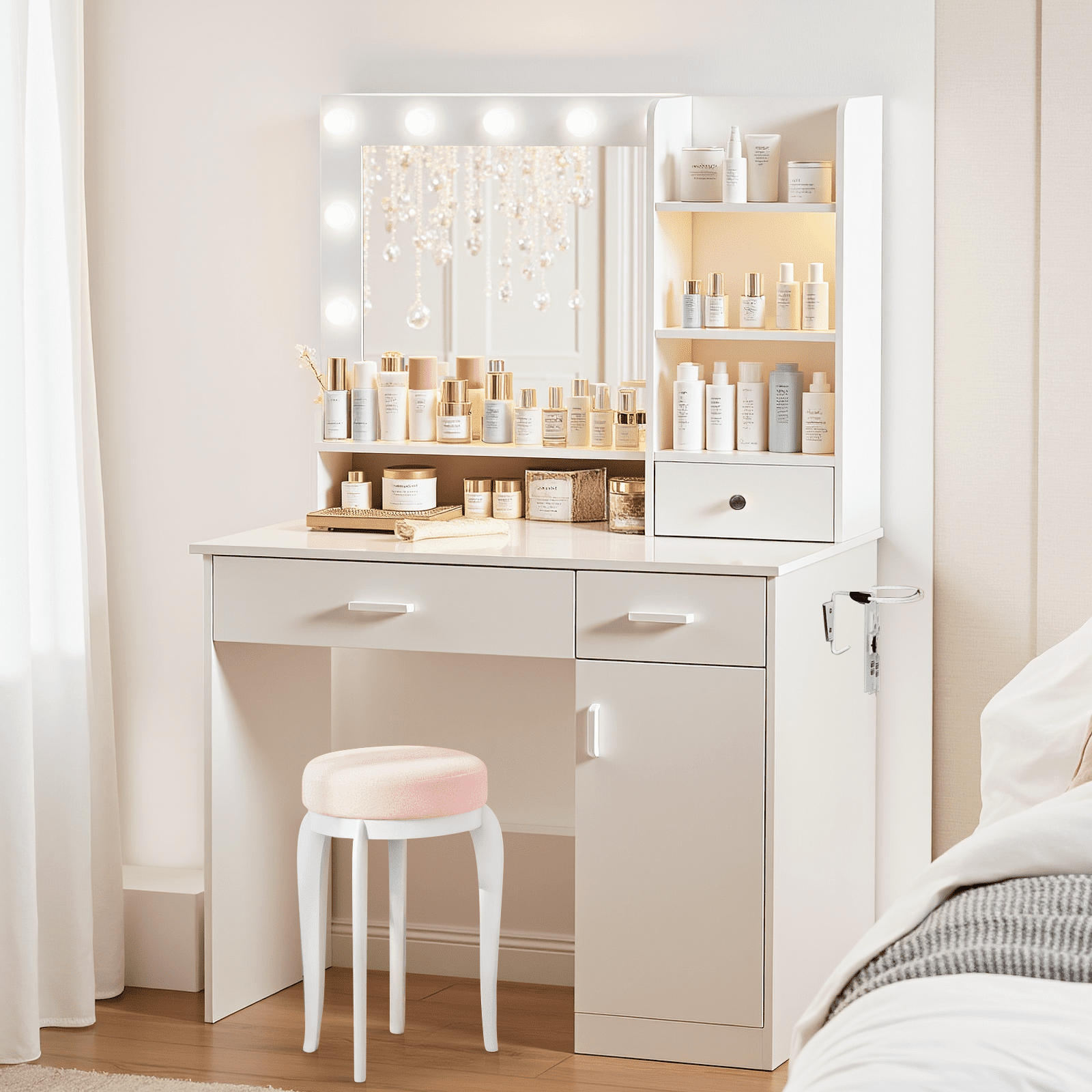 Blorly White Vanity Desk with Mirror, Makeup Vanity Table with LED Lights and Power Outlet, 3 Drawer, 4 Shelves, 1 Cabinet
