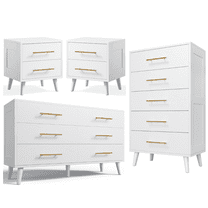 Noelse Bedroom Furniture Set, 6 Drawer Dresser 5 Drawer Chest Nightstands Set of 2, Modern Wood Bedroom Set with Metal Handles, Storage Furniture for Bedroom, White