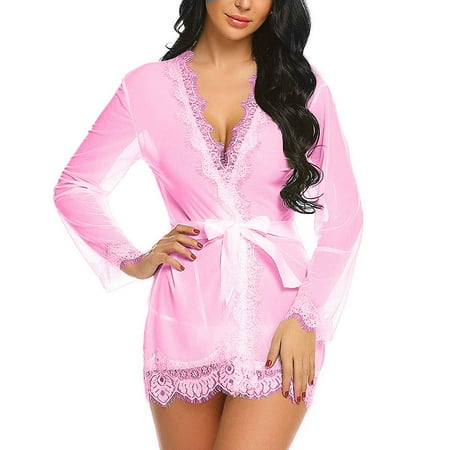 

QWANG Women Sexy Lingerie Underwear Doll Pajamas Midnight Mesh Robe With Thong + Belt