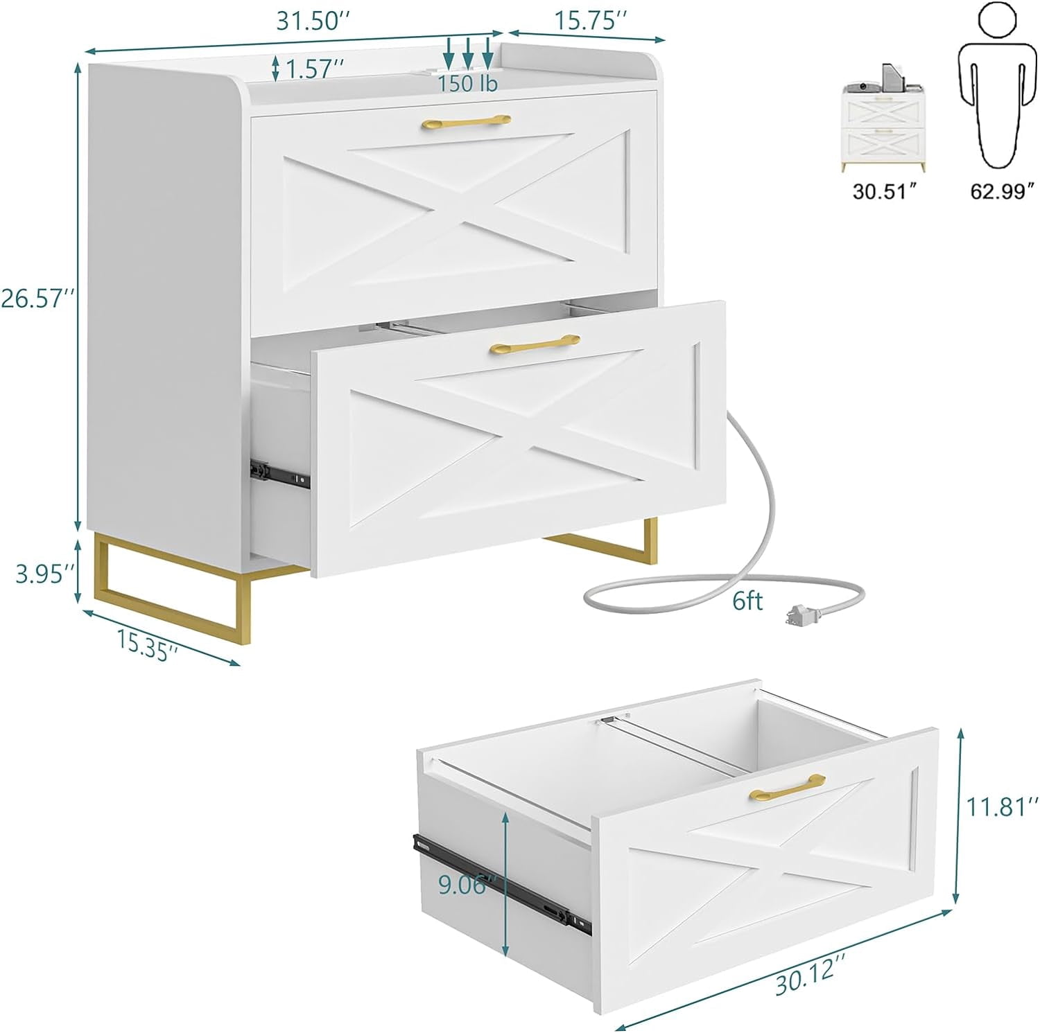 2 Drawer Lateral File Cabinet, Filing Cabinet with Charging Station for Letter/Legal/A4 Size Hanging Files, Modern Farmhouse File Storage Cabinet for Home Office, Printer Stand with Storage, White
