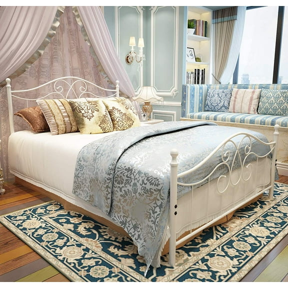 Vintage Sturdy Queen Size Metal Bed Frame with Headboard and Footboard Basic Bed Frame No Box Spring Needed (Queen, Grayish White)