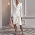 thumbnail image 2 of CharmCyan Women's Solid Color Bodycon Skirt Long-sleeved V-neck Pleated Design Sense Dress White M, 2 of 4