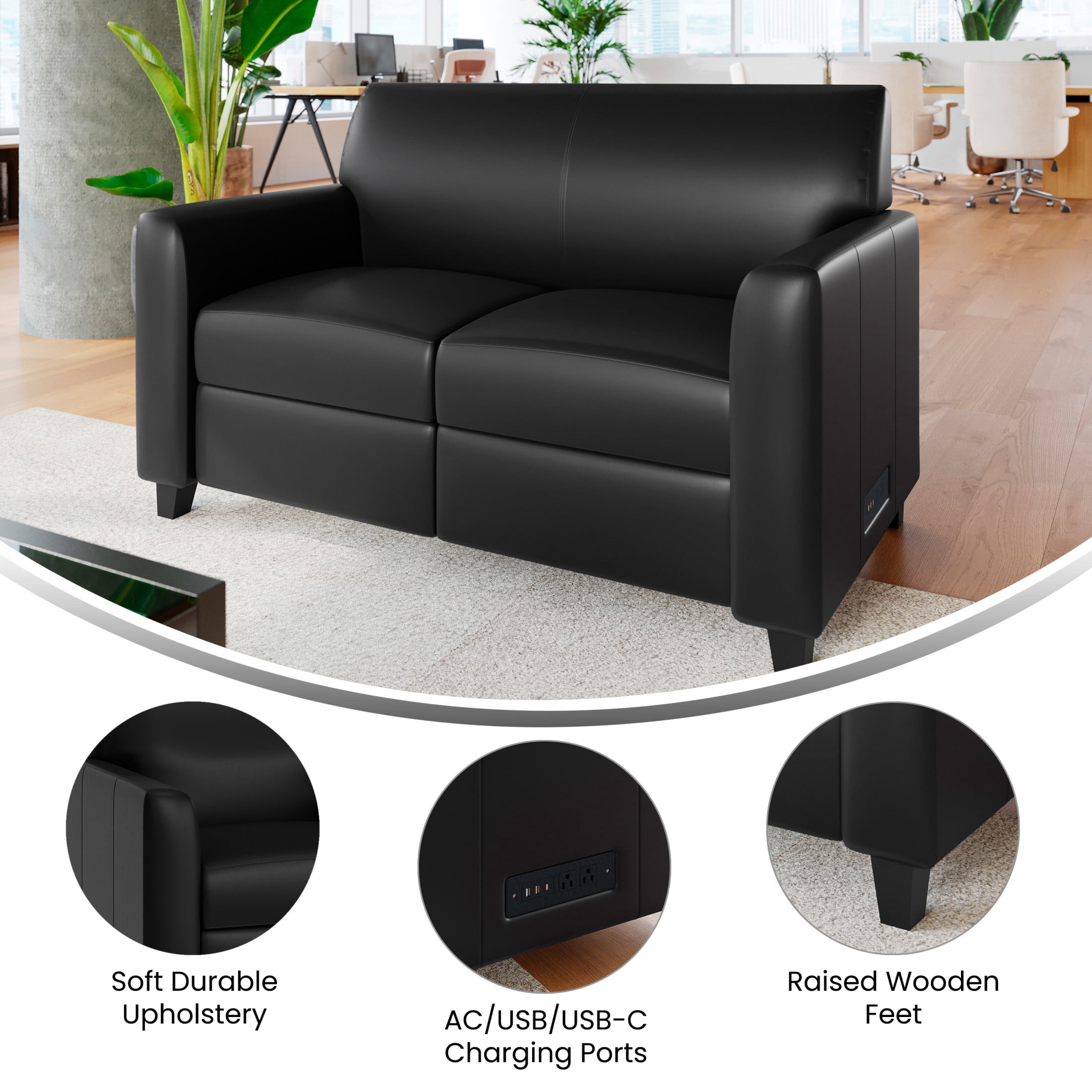 Flash Furniture Black LeatherSoft Reception Loveseat with Right Side Charging Bank, Includes 2 Outlets, 2USB Ports, 1 USB-C Port, Solid Wood Legs