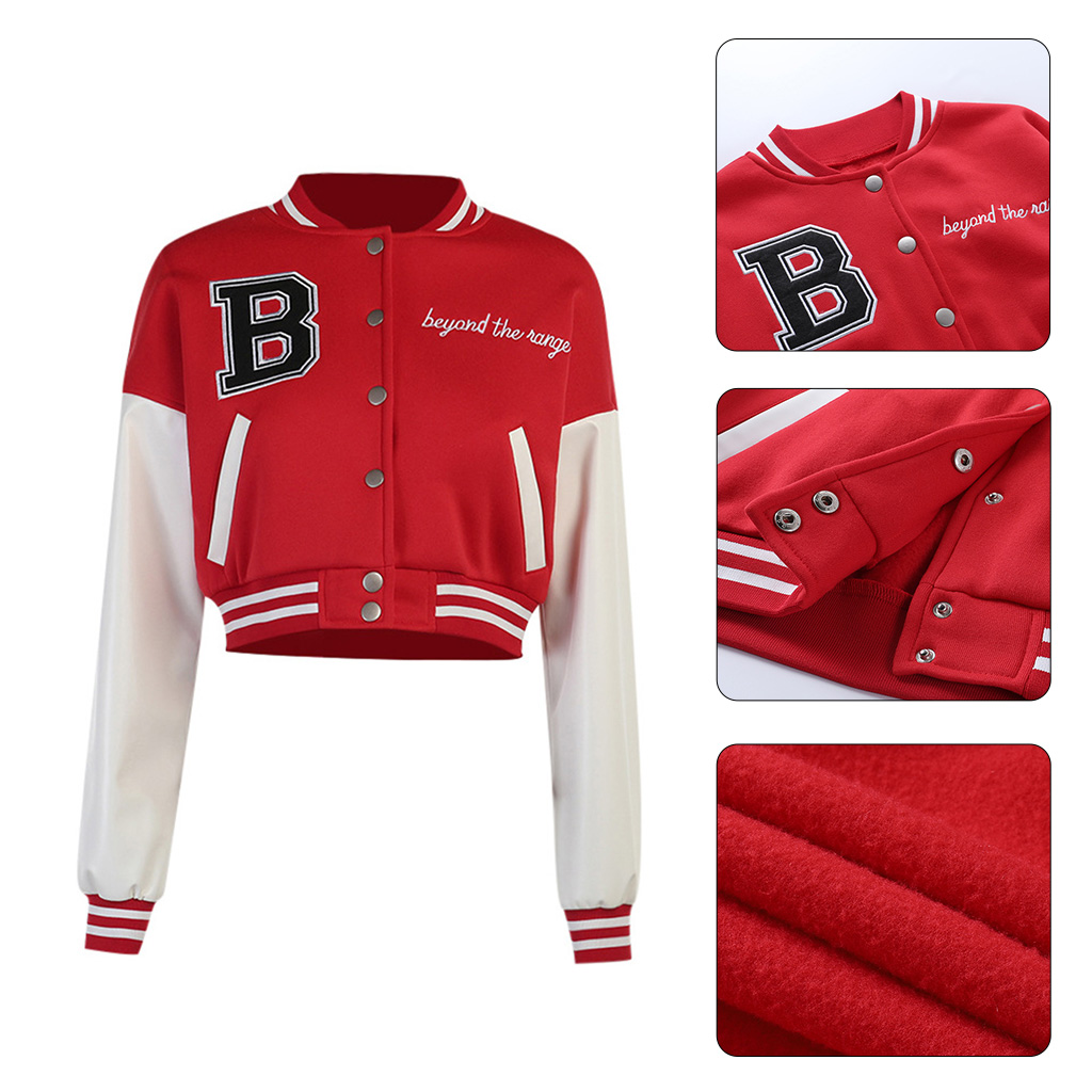 Women Faux Leather Long Sleeve Baseball Jacket Letter Print Cropped Coat Colorblock Button Oversized Bomber Outwear - image 5 of 19