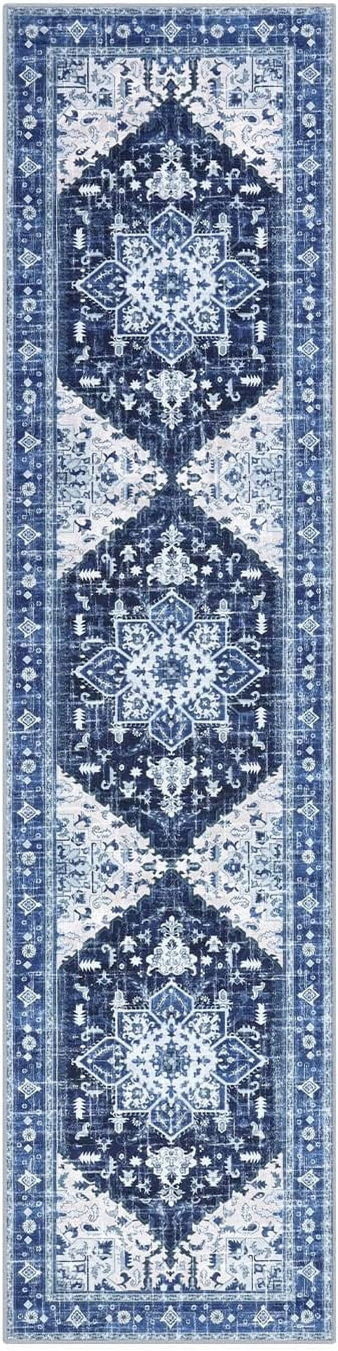 2'x8' Runner Rug for Hallway, Yamaziot Washable Blue Rug Runner with Rubber Backing, Non Slip Vintage Carpet Floor Mat for Bedroom Kitchen Laundry