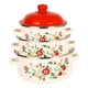 thumbnail image 1 of Juego de 3 ollas esmaltadas con tapa, diseño floral, fondo plano. Rojo, 1 of 9