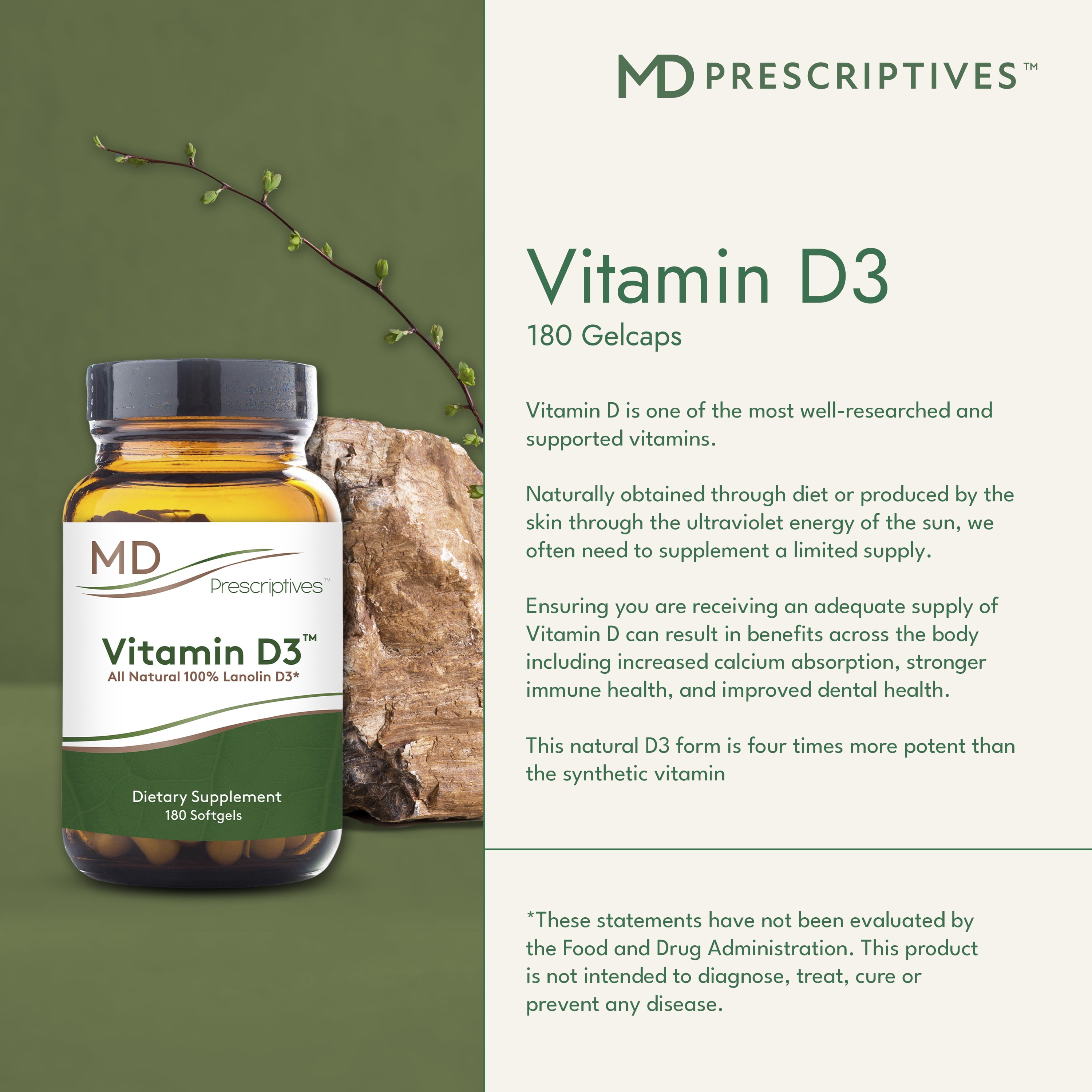 MD Prescriptives Vitamin D3 180 Gelcaps - Maximum Absorption for Strong Bones, Muscle & Immune Support, Non GMO Vegetarian Softgels, 125 mcg (5,000 IU)