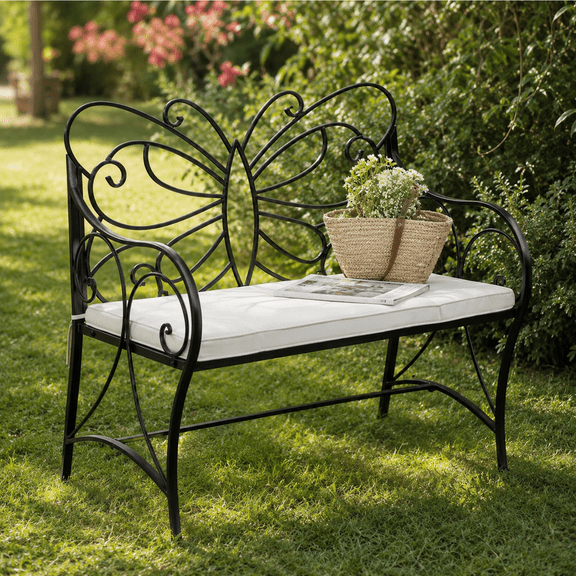 UBesGoo Butterfly Metal Patio Bench with Cushion, Black Wrought Iron Garden Bench with Off-White Seat Cushion, Outdoor Porch Loveseat