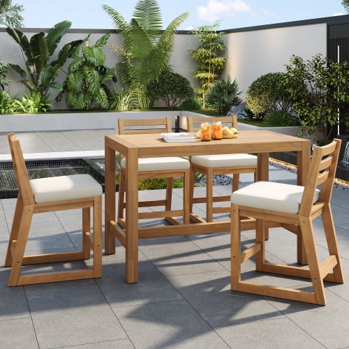5-Piece Rustic Patio Bar Set, Patio Table and Chairs Set with Ergonomic Chairs, Solid Wood Slatted Tabletop for Poolside, Balcony, Backyard, Porch