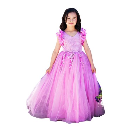 Little Girls Pink Lavender Petal Sleeve Lace Floor Length Flower