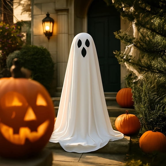 47.2 inch Halloween White Standing Ghosts Decorations, Spooky Ghost Halloween Decor with LED String Lights, Hanging Light up Ghosts Decor for Front Porch Yard Garden Home Pub Lawn Party