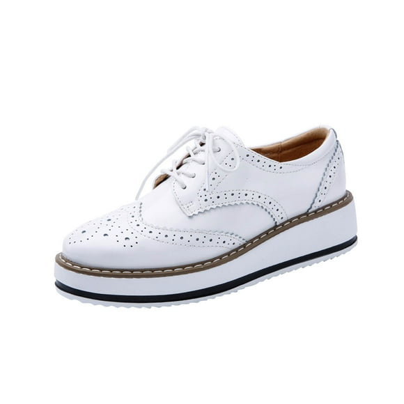 hopeusnice Clearance Women's Platform Oxford Shoes Lace Up Brogue Patent Leather Shoes Comfortable Breathable Wedge Heel Sneakers White 39