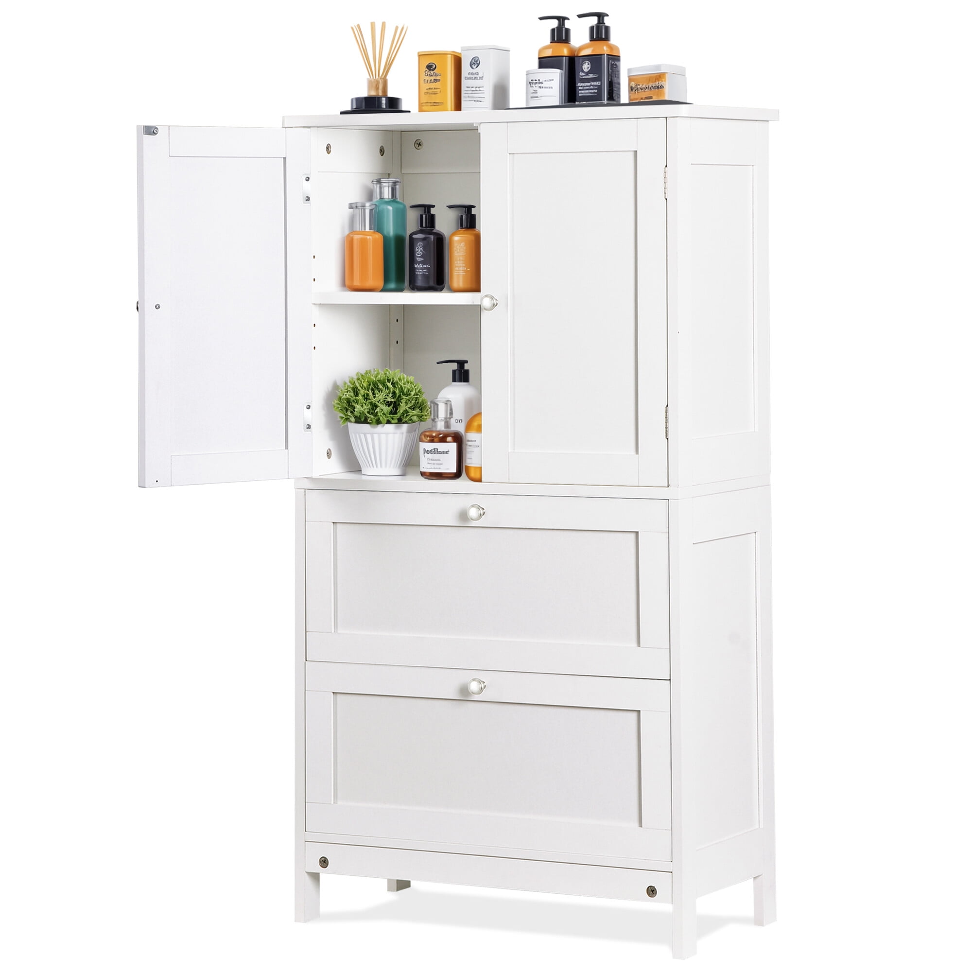 ZENSTYLE Freestanding MDF Bathroom Cabinet with 2 Drawers and Adjustable Shelf Extra Storage Space, White