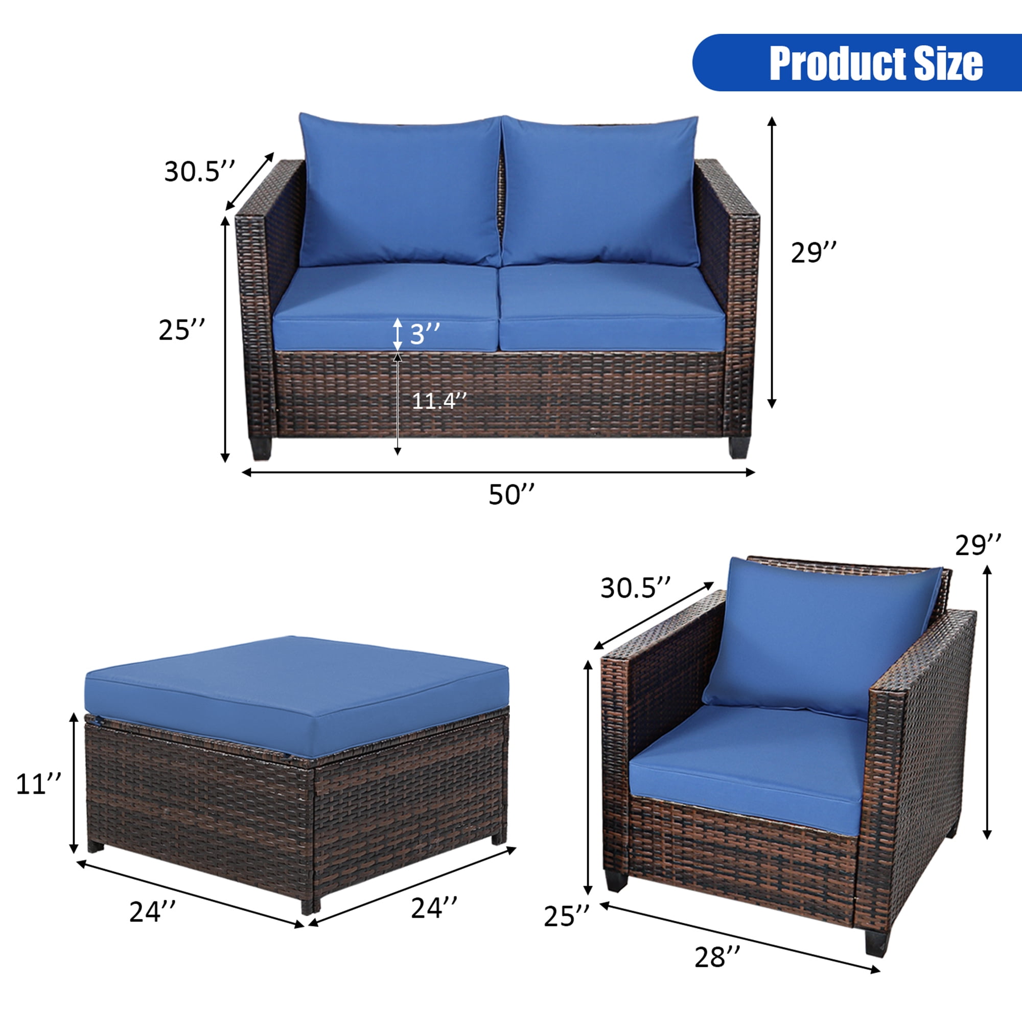 Gymax 5PCS Outdoor Patio Rattan Conversation Sofa Furniture Set w/ Navy Cushions