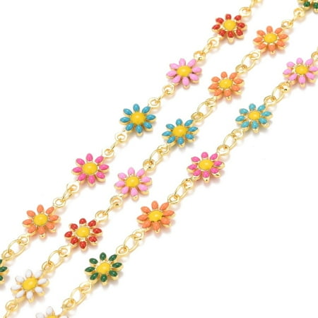 Brass Daisy Flower & Oval Link Chains with Enamel & Spool Soldered Real 18K Gold Plated Colorful Links: 13x7.5x2mm 4x3x0.6mm